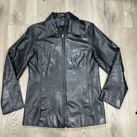 GAP Black Leather Jacket Womens Small Motorcycle Full Zip Y2K Vintage 2001 - Picture 2 of 9